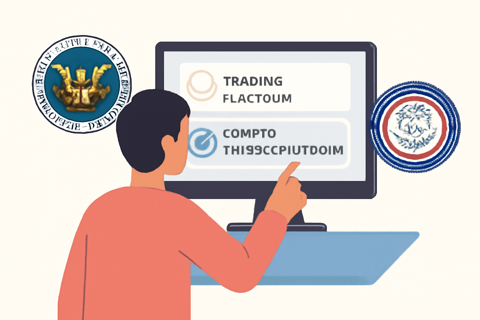 A person selecting a crypto trading platform on a computer, with official regulatory badges from the SEC and CFTC visible, modern and clean style