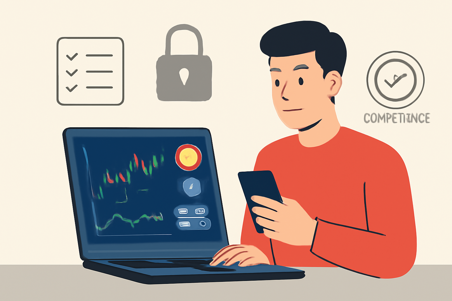 A user confidently trading cryptocurrencies on a secure platform, with compliance and security icons in the background