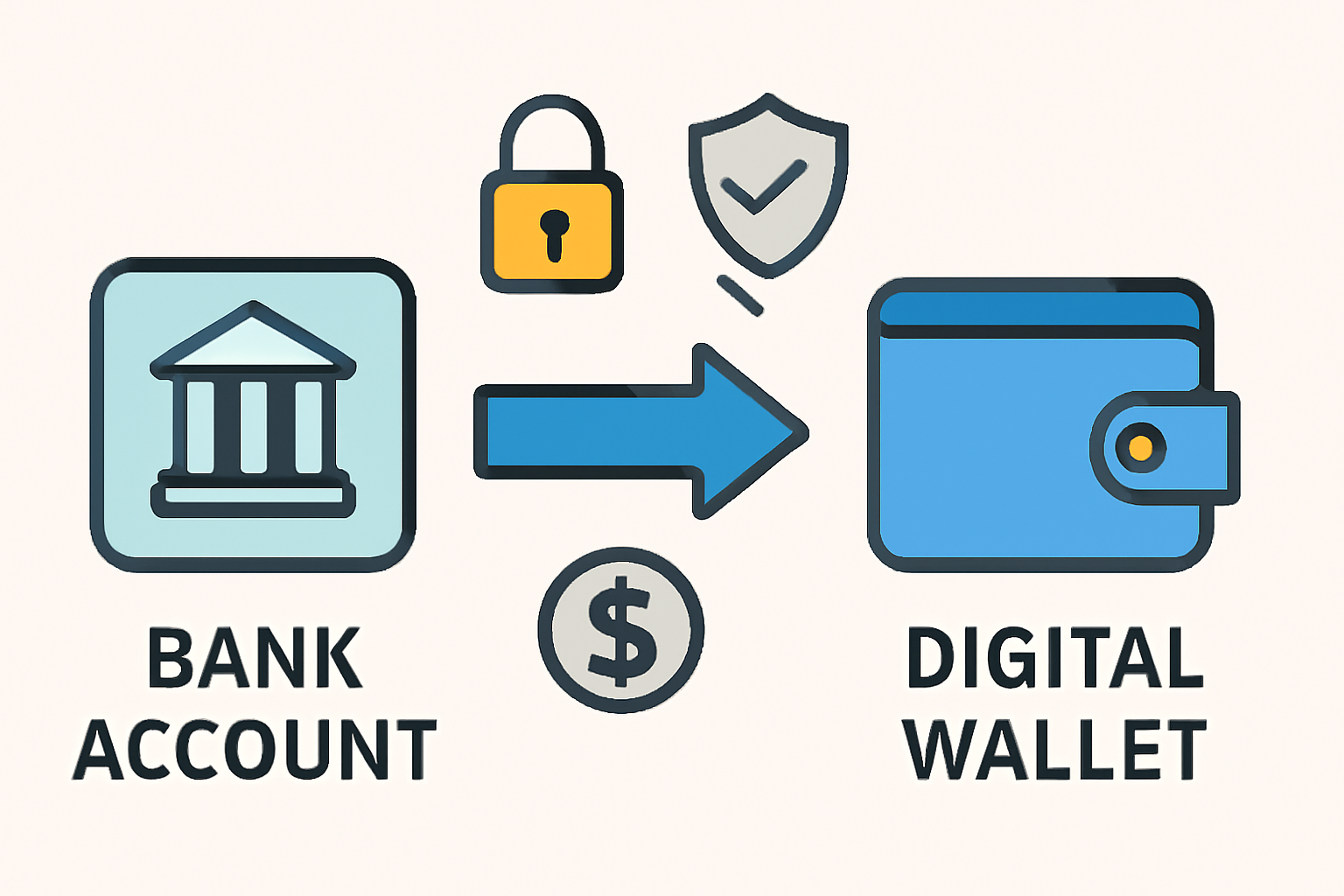 A digital wallet being funded from a bank account, with padlocks and secure transaction symbols