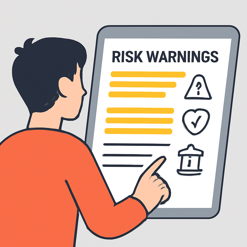 A user reading a digital document with highlighted risk warnings and consumer protection icons, modern interface