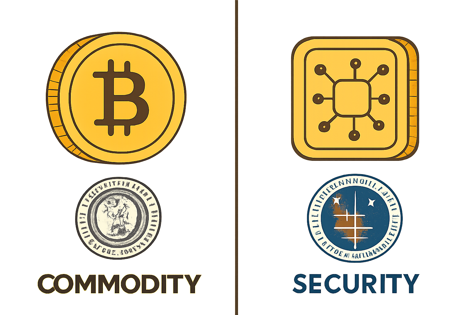 A split screen showing a Bitcoin-like coin labeled 'Commodity' and another digital asset labeled 'Security,' with CFTC and SEC logos respectively