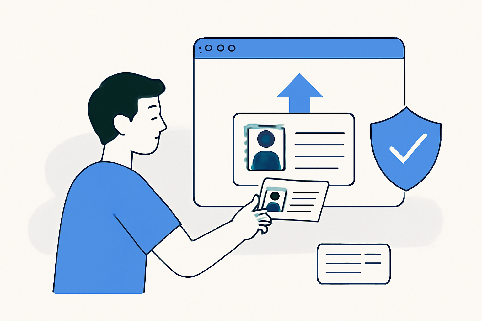 A user uploading identification documents on a secure website, with a digital shield and checkmark symbolizing security and compliance