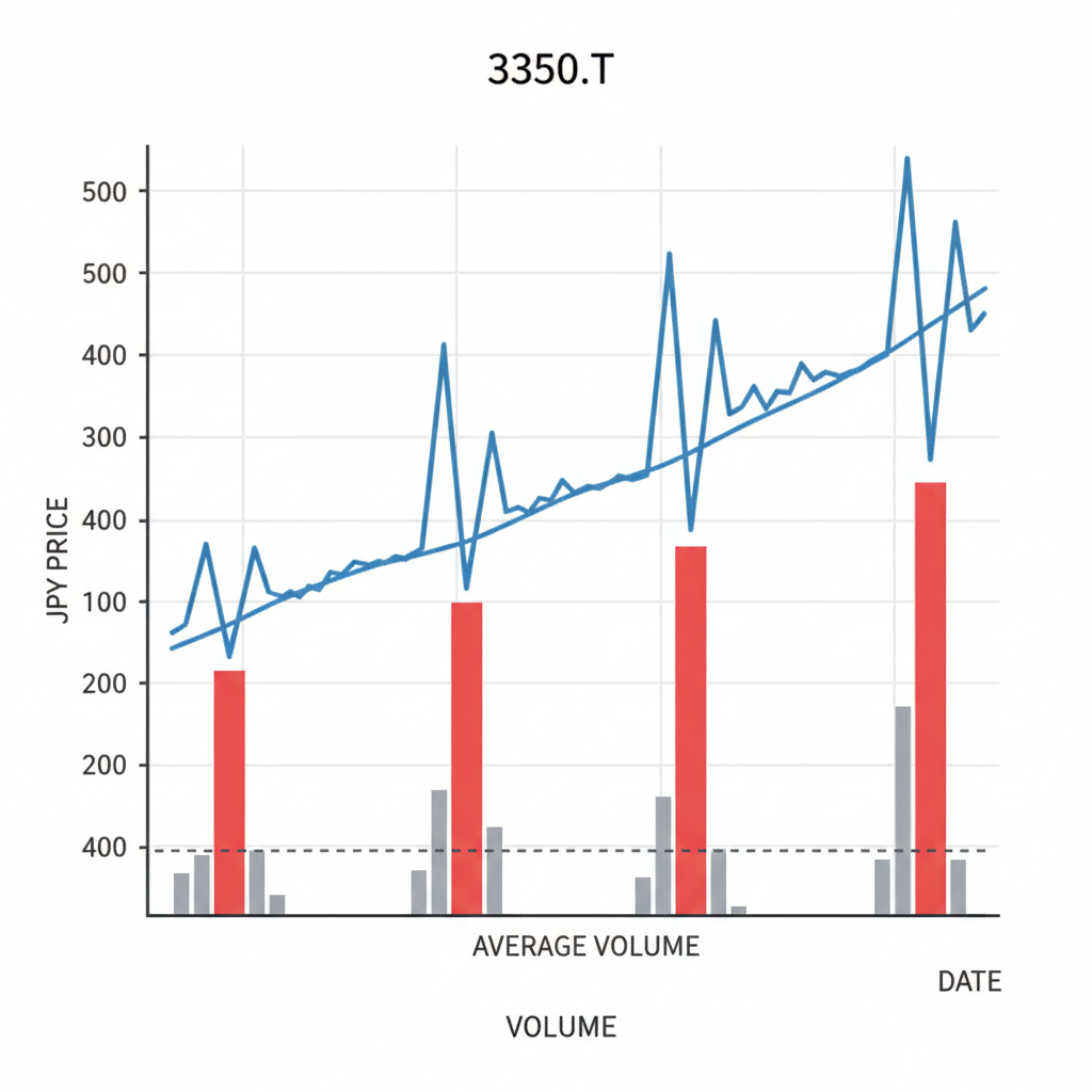 Stock chart for 3350.T at 400-500 JPY with high volume spikes above average line, Japanese exchange style