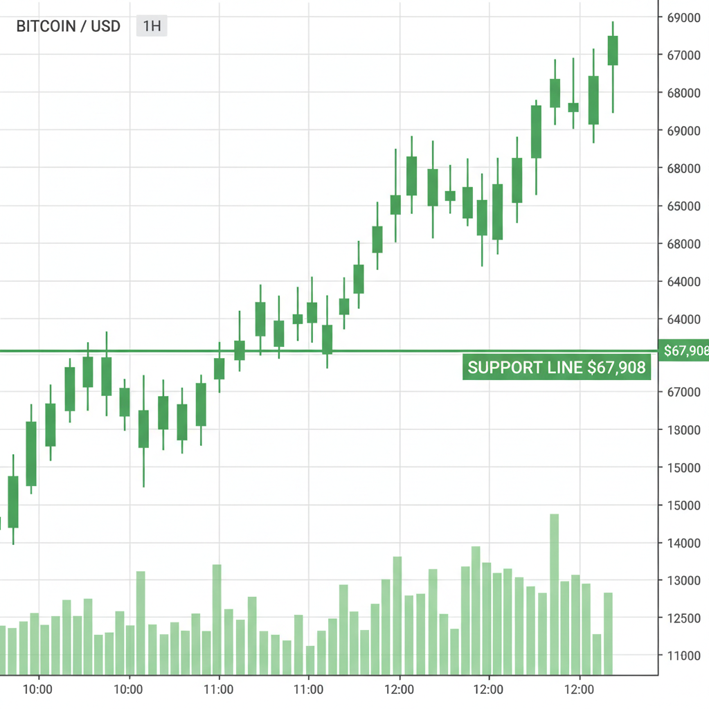 Bitcoin chart with support line at $67,908, green candlesticks, volume bars, technical analysis style