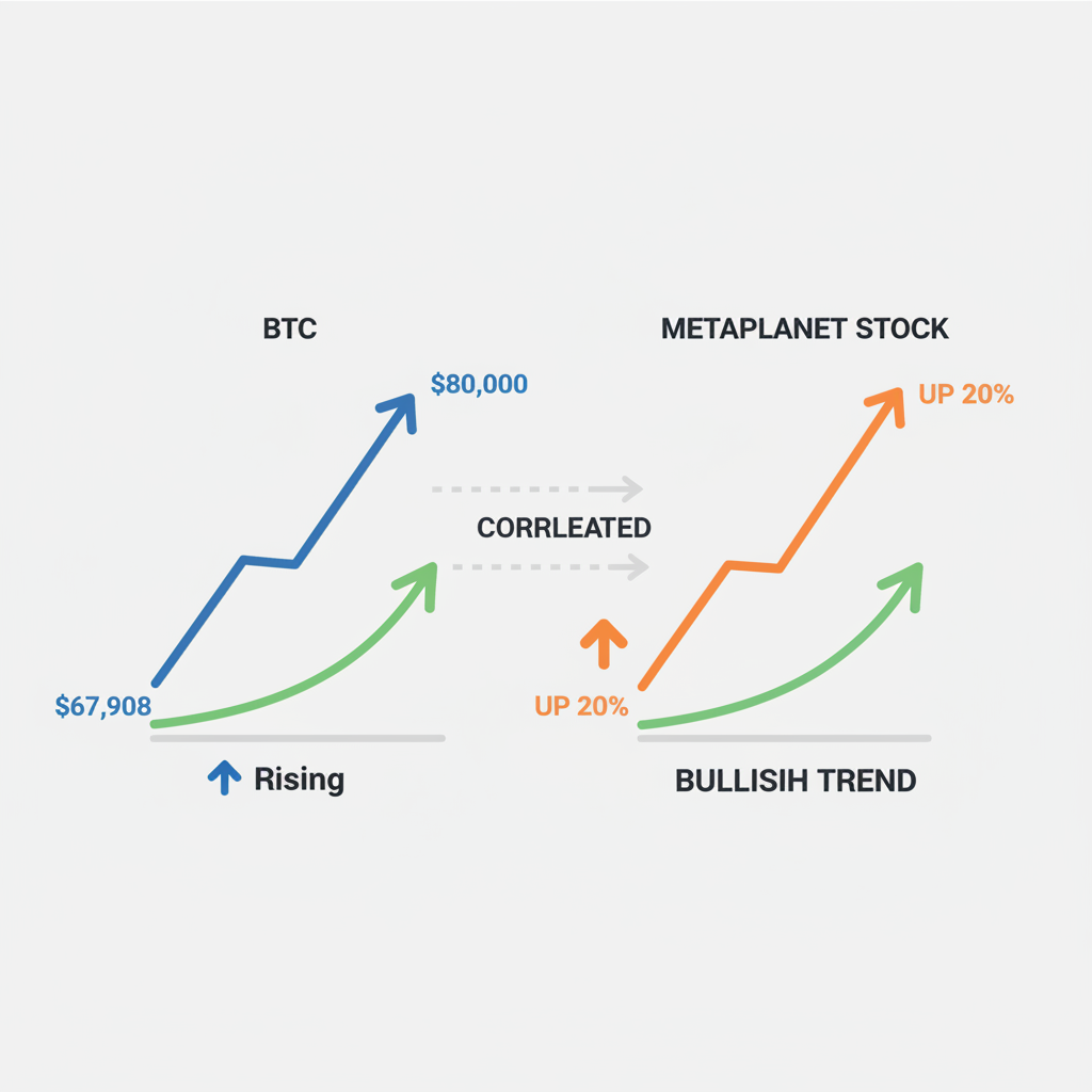 Dual chart BTC rising from $67,908 to $80K and Metaplanet stock up 20%, correlated lines, bullish trend