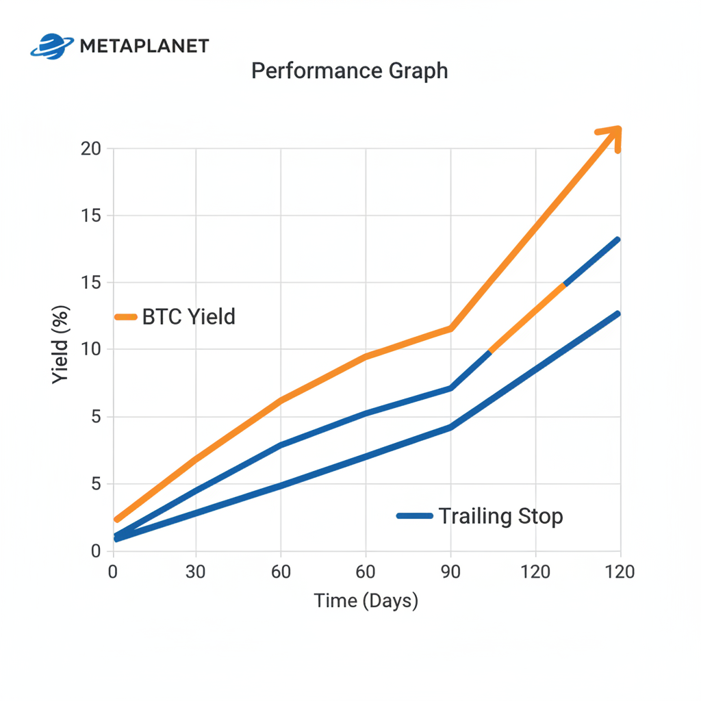 Line chart of BTC Yield metric rising, trailing stop line following, Metaplanet logo, performance graph