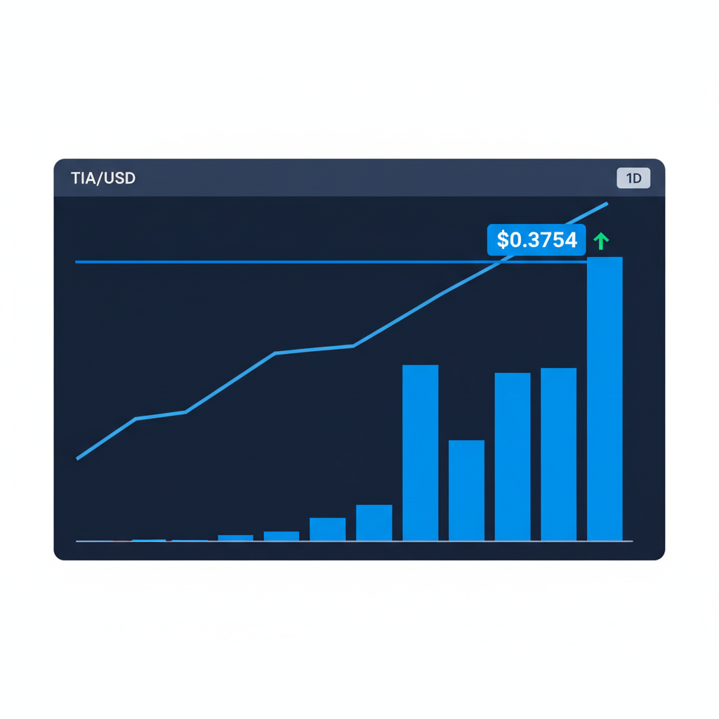 Celestia TIA price chart at $0.3754 with volume bars spiking upward, blue crypto market interface