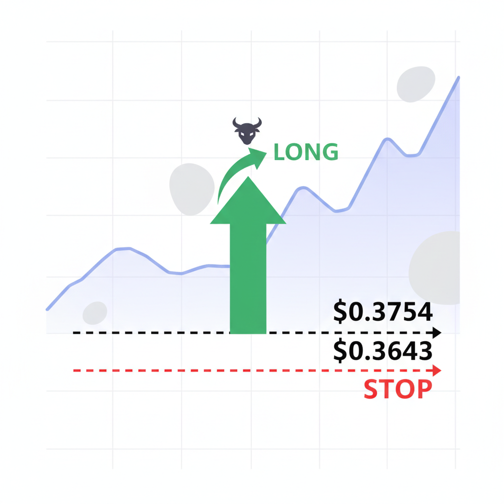 bullish long position entry on Celestia blob trading chart, green arrow up from $0.3754, stop at $0.3643 marked