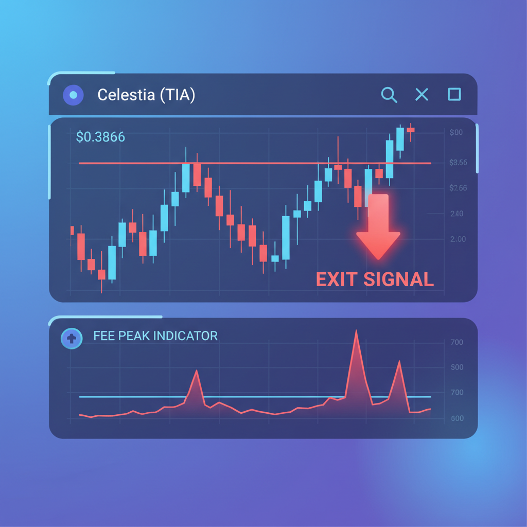 exit signal on Celestia chart at $0.3866 resistance with fee peak indicator, red exit arrow, glowing dashboard