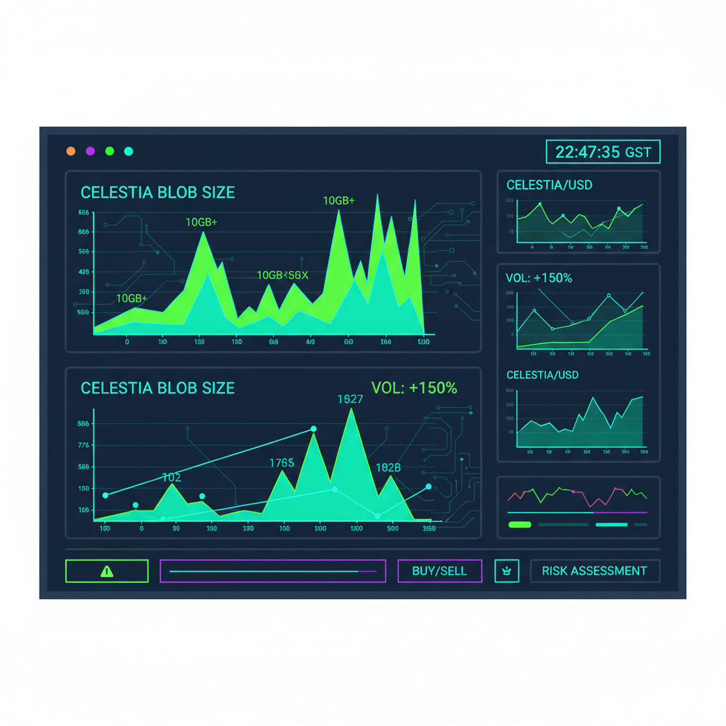 futuristic trading dashboard with spiking Celestia blob size graphs over 10GB, neon green surges, cyberpunk style