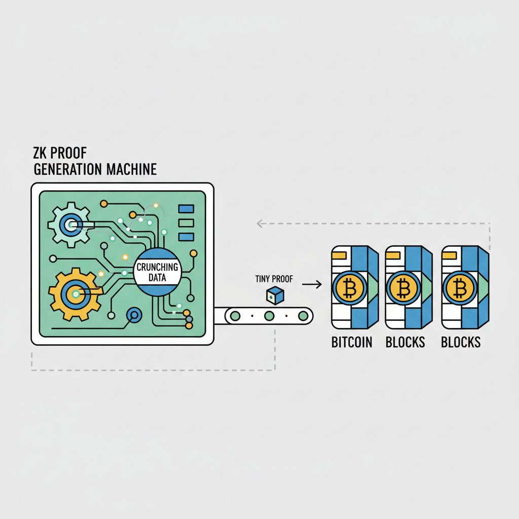 ZK proof generation machine crunching data into tiny proof, Bitcoin blocks