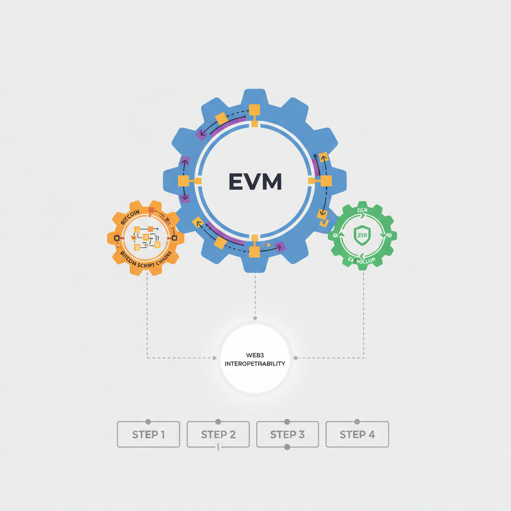 EVM gears meshing with Bitcoin script chains, ZK rollup diagram