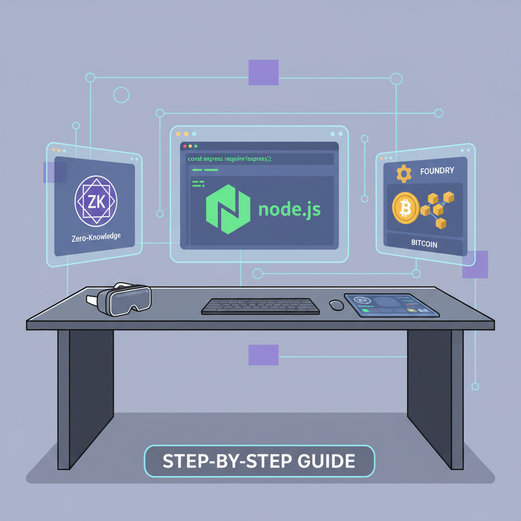 developer workstation with Node.js, Foundry, Bitcoin and ZK icons, futuristic UI
