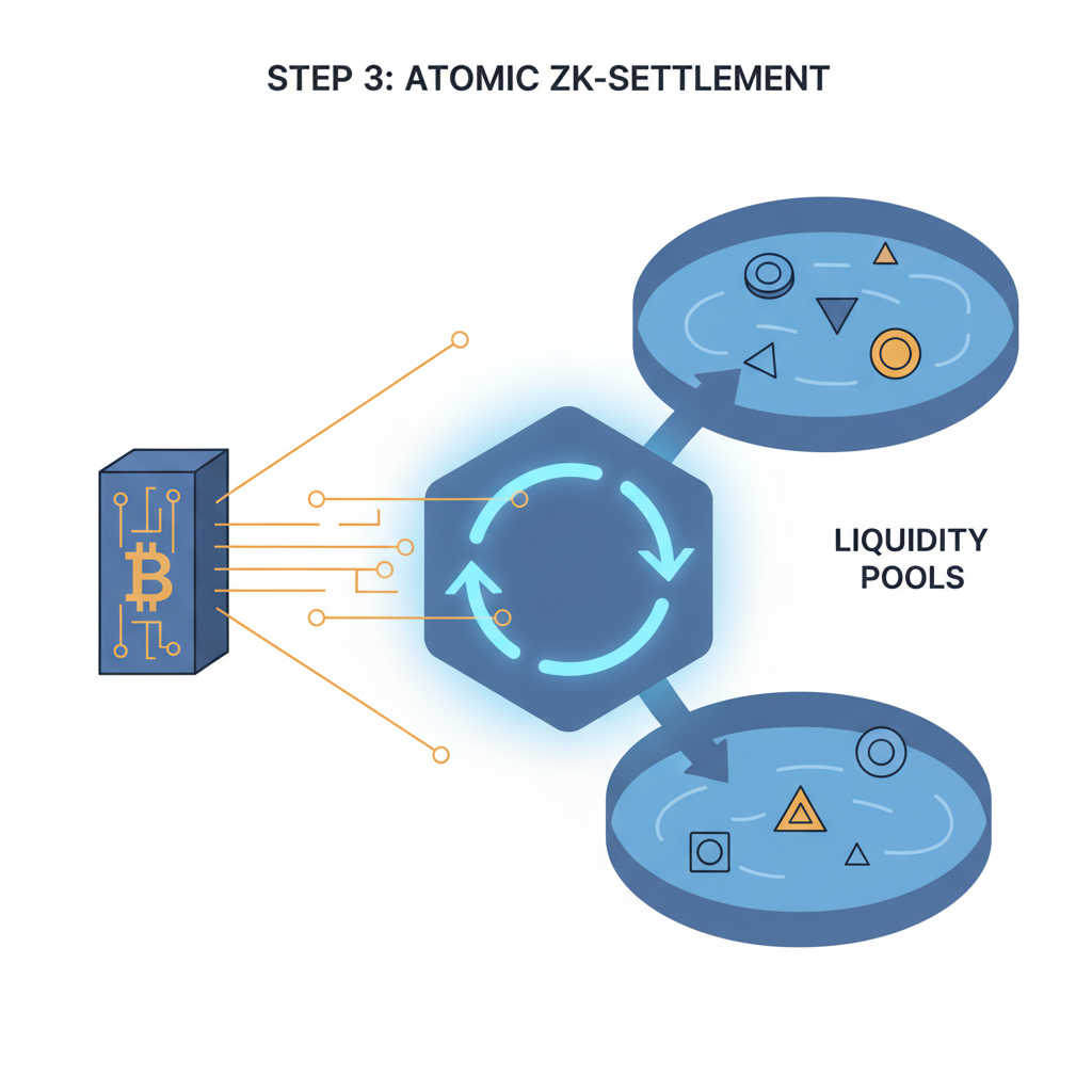 ZK proof etching into Bitcoin block, atomic settlement glow, liquidity pools