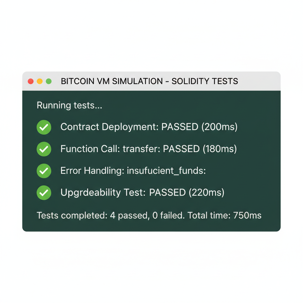 terminal running Solidity tests, green pass icons, Bitcoin VM simulation