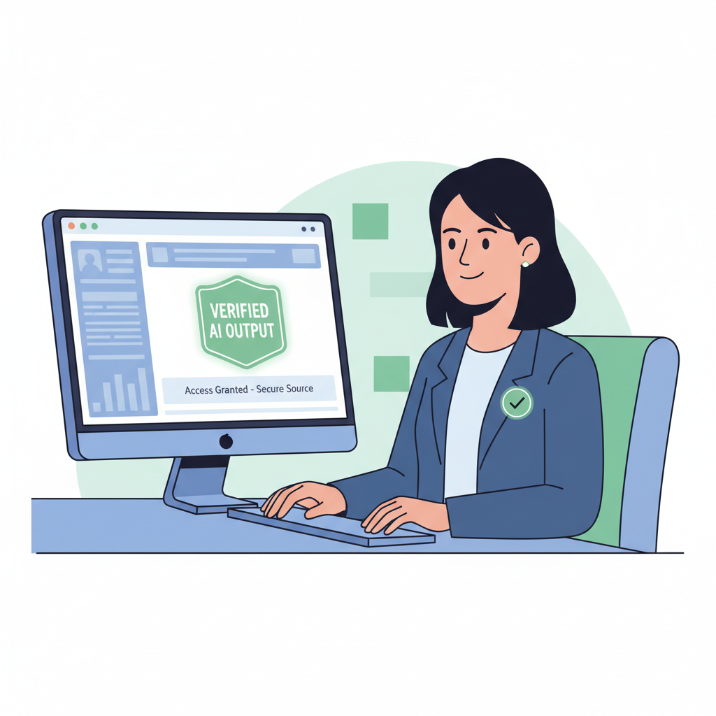 user accessing verified AI output from secure dashboard, confident professional, green verified badge