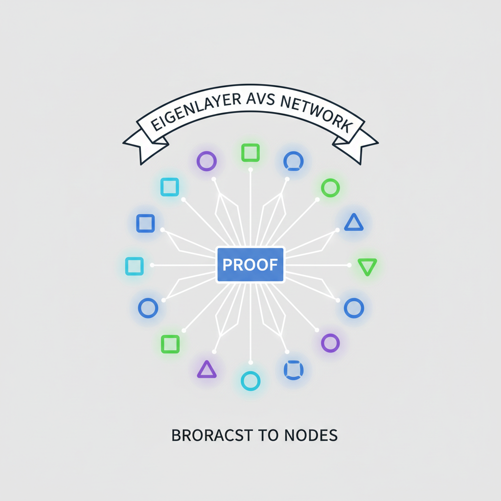 proof broadcast to blockchain network nodes, EigenLayer AVS visualization, connected nodes