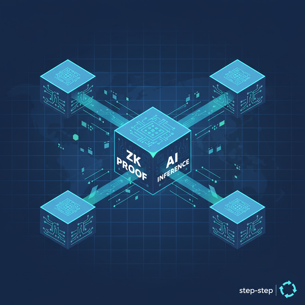 decentralized compute nodes generating ZK proof for AI inference, glowing circuits, fast motion blur