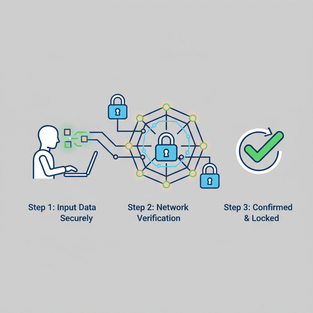 user submitting data input to decentralized AI network, secure lock icons, minimalist