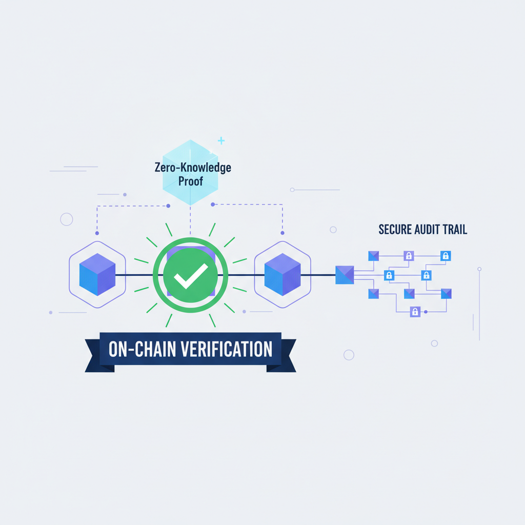 on-chain verification of ZK proof, green checkmark on blockchain, secure audit trail
