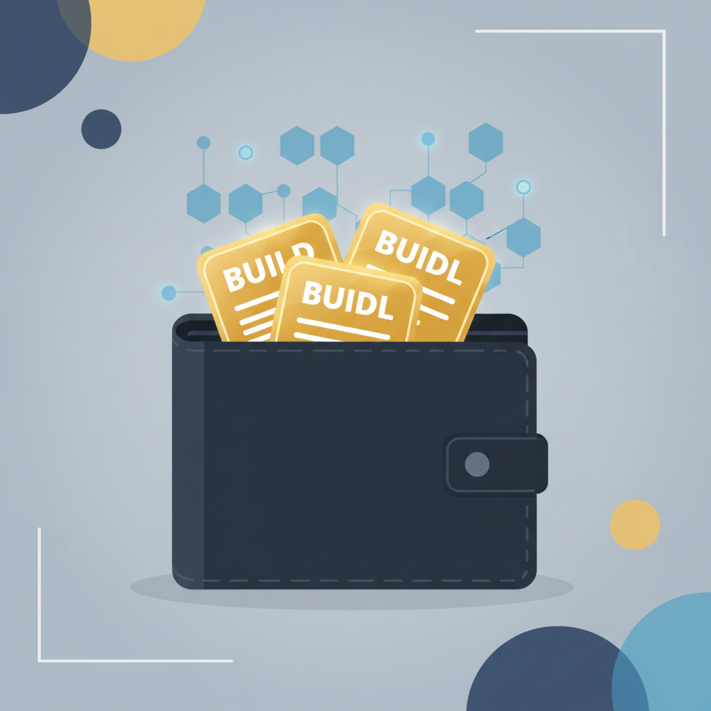 wallet holding tokenized treasury tokens like BUIDL, glowing gold certificates on blockchain, minimalist finance art