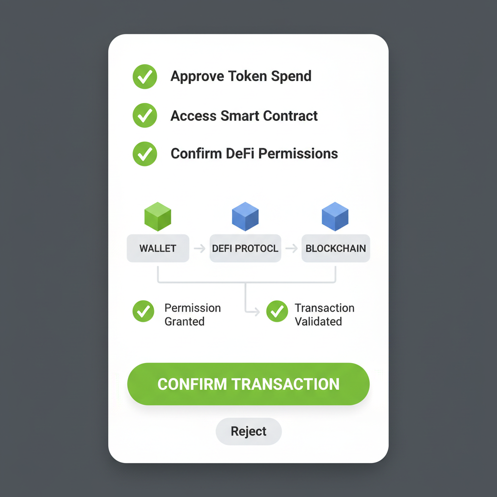 approval transaction screen in wallet, green checkmarks on DeFi permissions, blockchain transaction flow