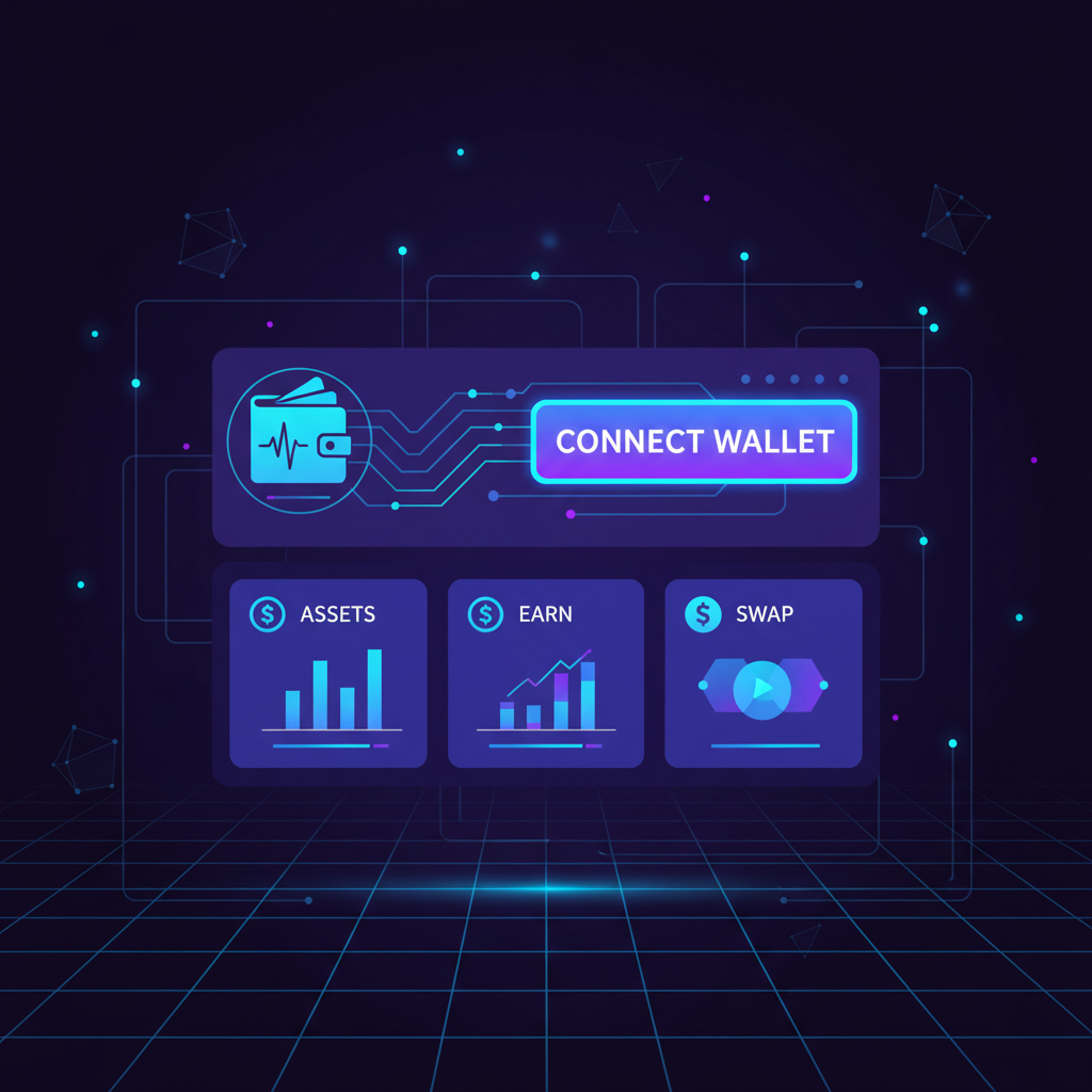 futuristic DeFi dashboard with wallet connection button glowing, neon blues and purples, cyberpunk aesthetic