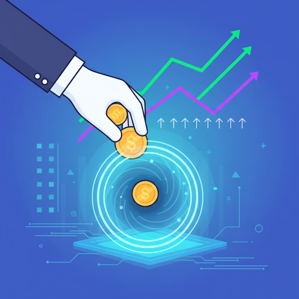 depositing gold tokens into glowing vault portal, yield graphs rising, ethereal digital finance scene