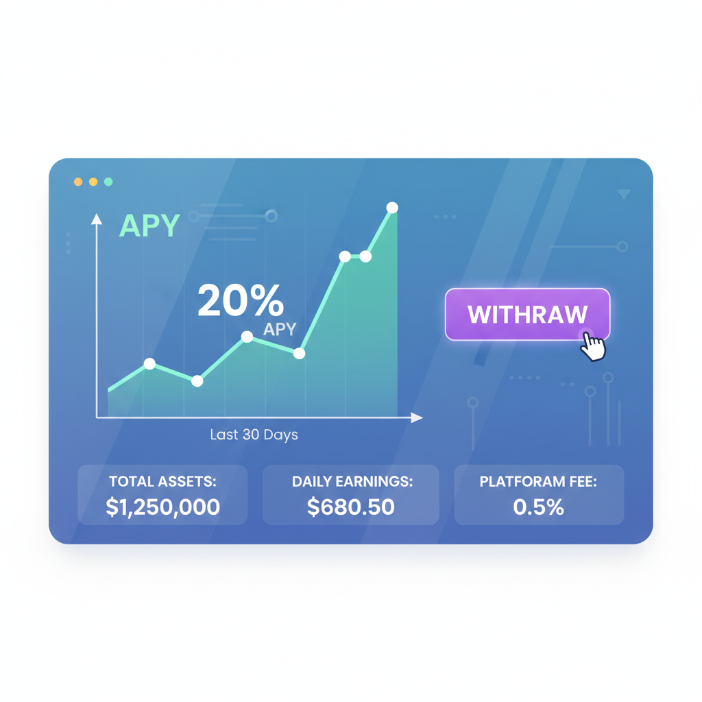 dashboard monitoring DeFi yields with 20% APY chart, withdrawal button ready, futuristic analytics screen
