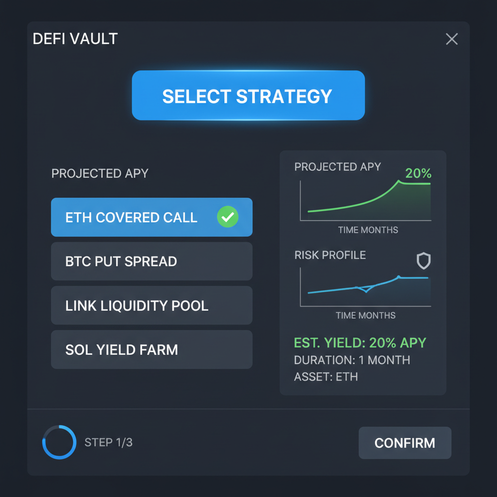 DeFi vault interface selecting ETH covered call option, charts showing 20% APY yield curve, dark mode UI