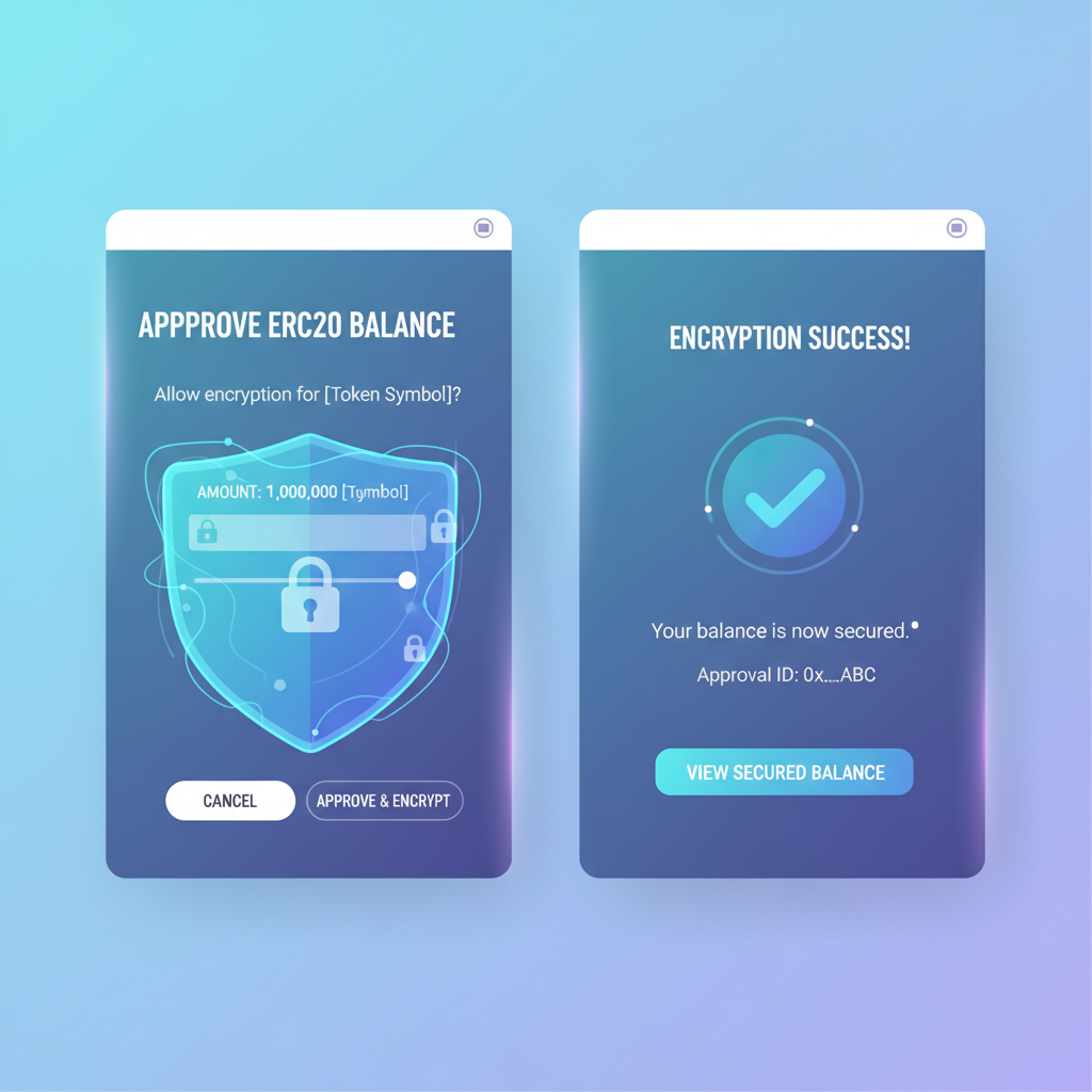 encrypted ERC20 balance approval and encryption success screen, holographic privacy shield
