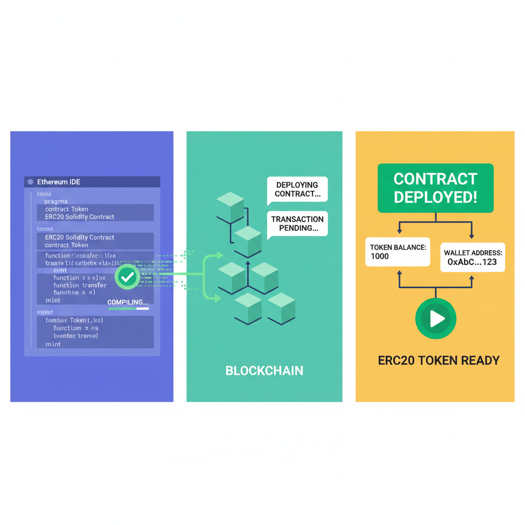 Remix Ethereum IDE compiling and deploying ERC20 Solidity contract, blockchain theme