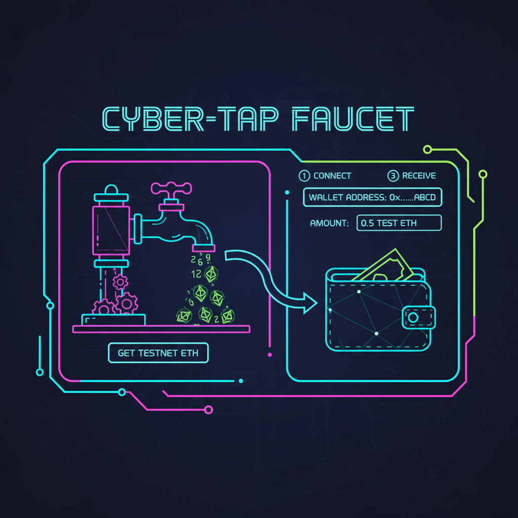 crypto faucet interface dispensing testnet ETH to wallet, neon cyberpunk style