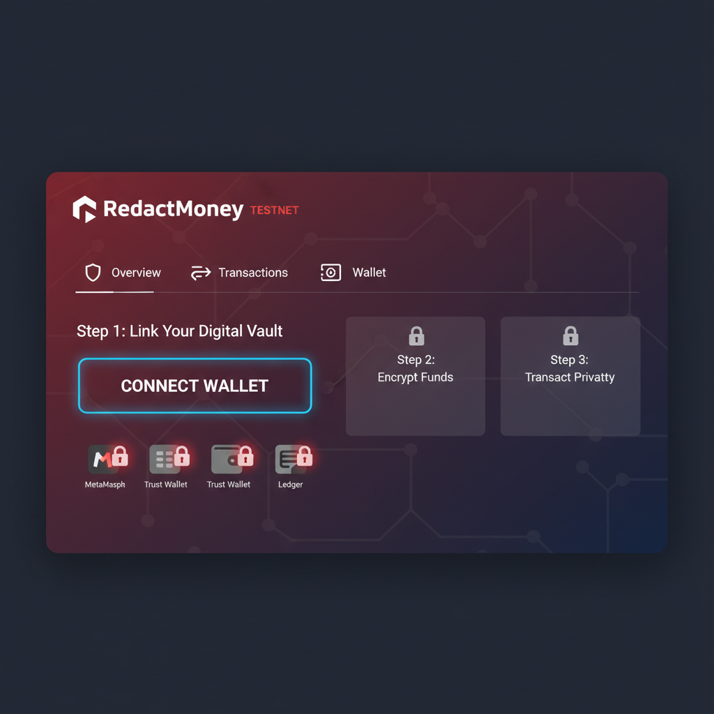 RedactMoney testnet dashboard web interface with wallet connect button, encrypted theme