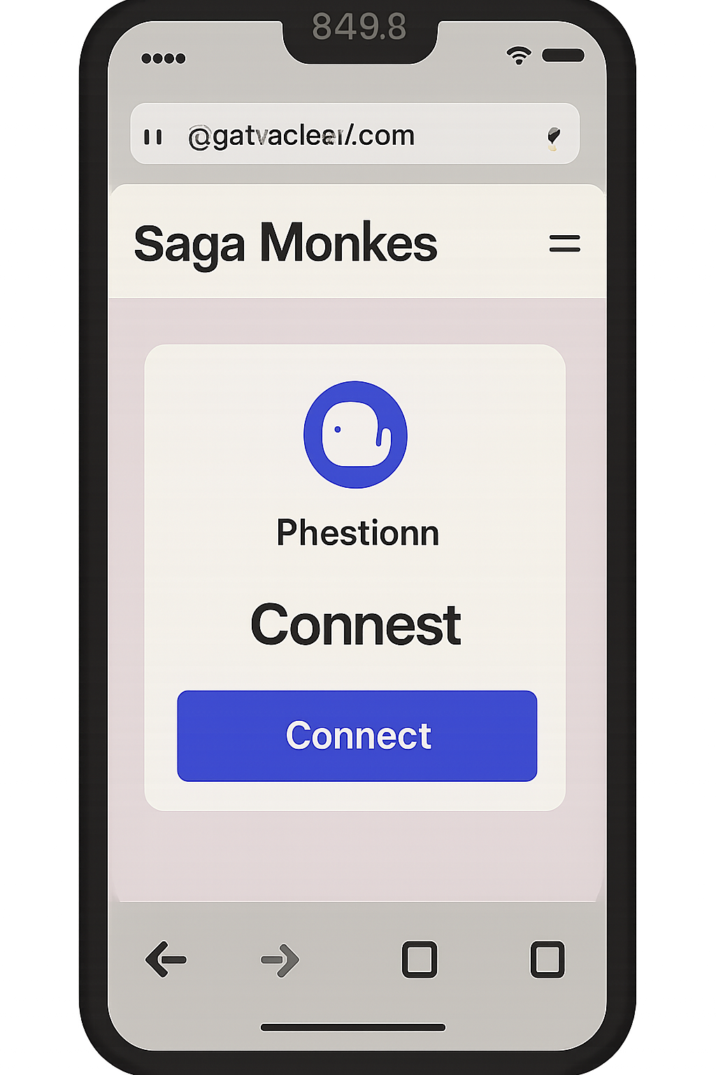 Saga phone browser on sagamonkes.com connected to Phantom wallet