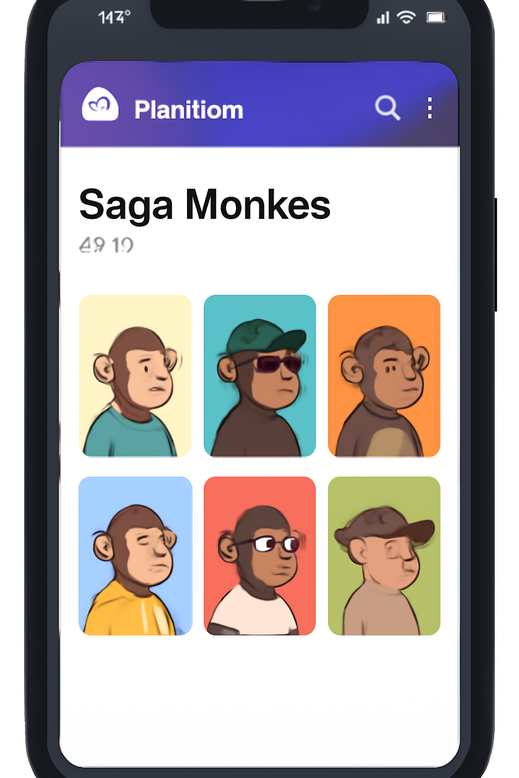 Phantom wallet on mobile showing Saga Monkes NFT collection grid