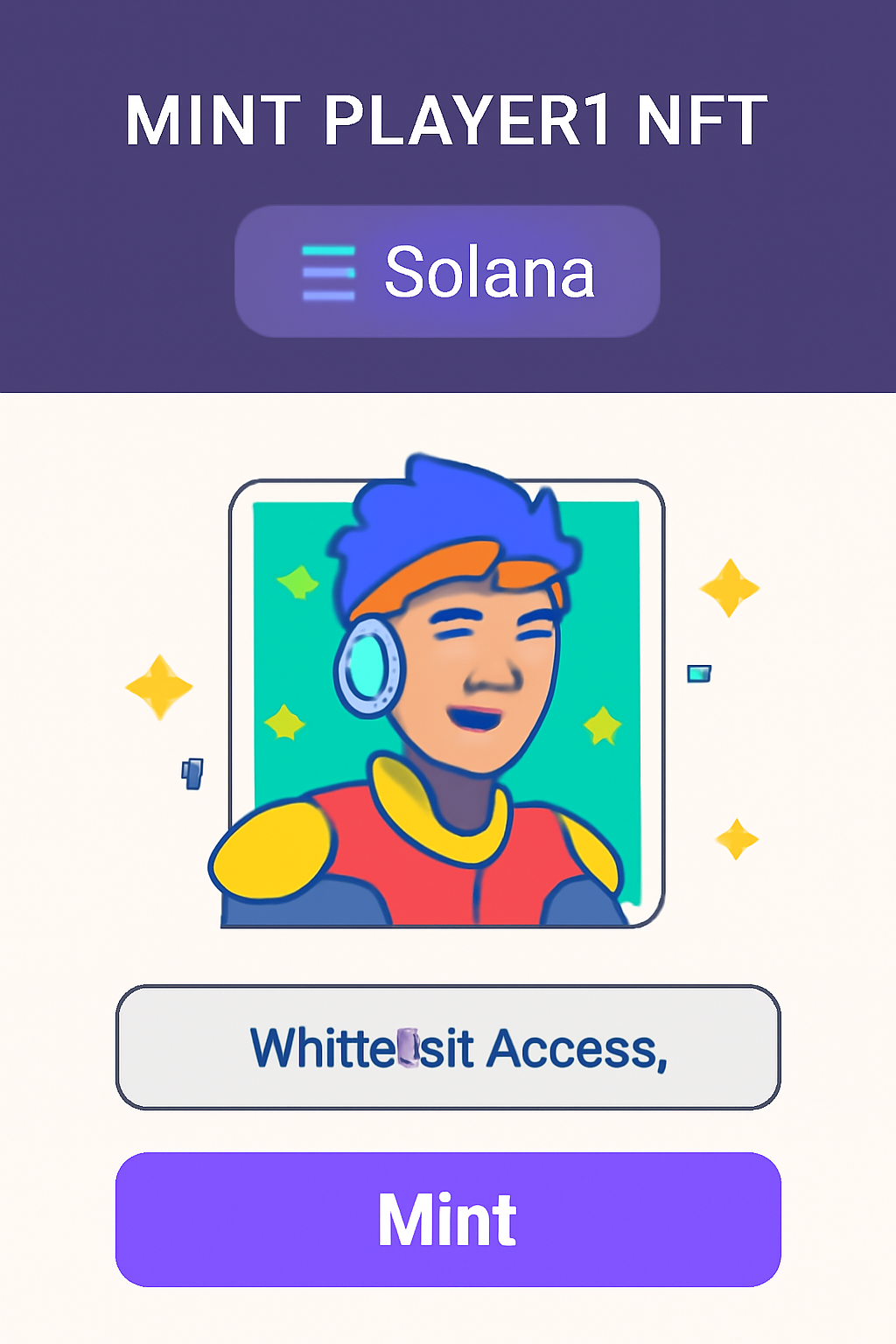 minting Player1 NFT on Solana, whitelist access screen, vibrant gaming avatar emerging