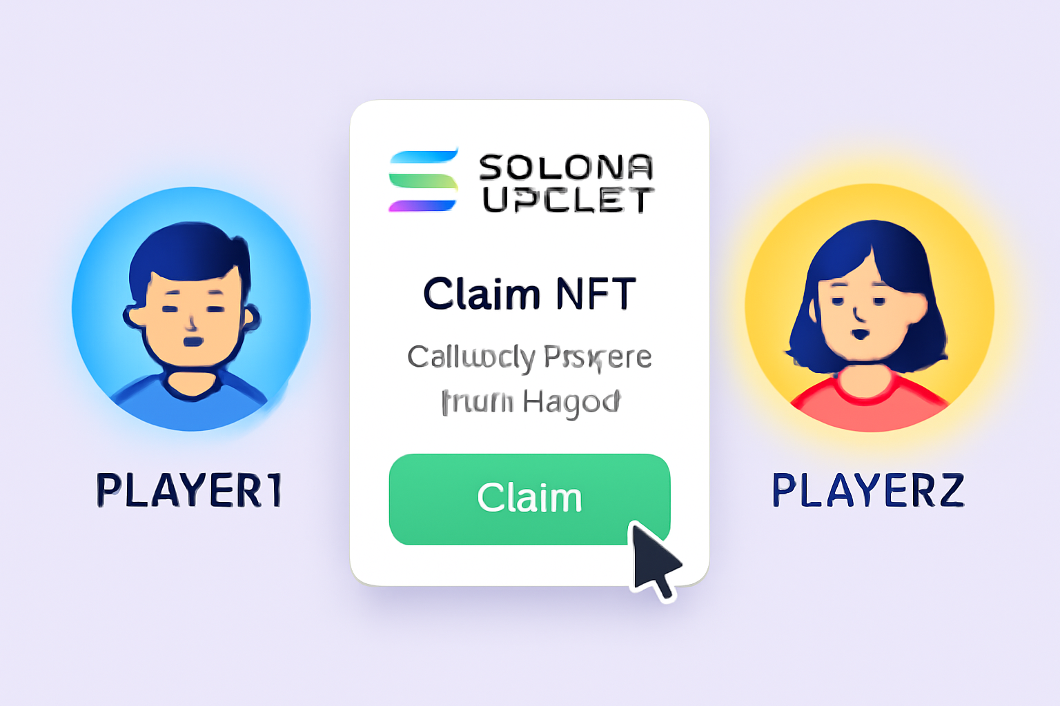 claiming Player2 NFT from Player1, Solana wallet popup, dual player avatars glowing