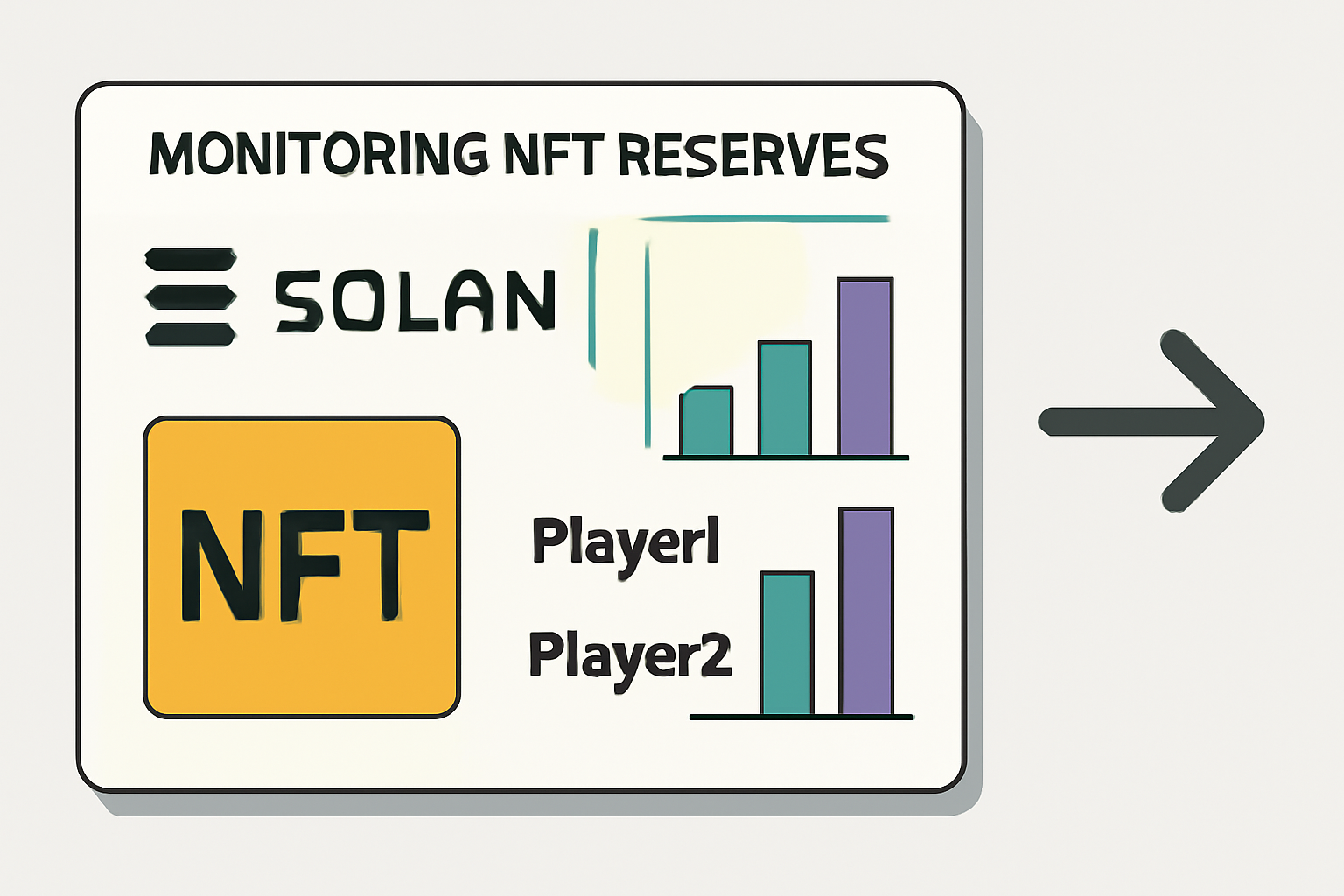 dashboard monitoring NFT reserves on Solana, charts of Player1 Player2 accumulations, forward arrow