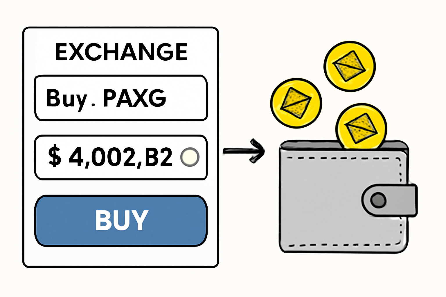 A digital exchange interface showing the purchase of PAXG tokens at $4,002.82, with gold tokens transferring to a wallet