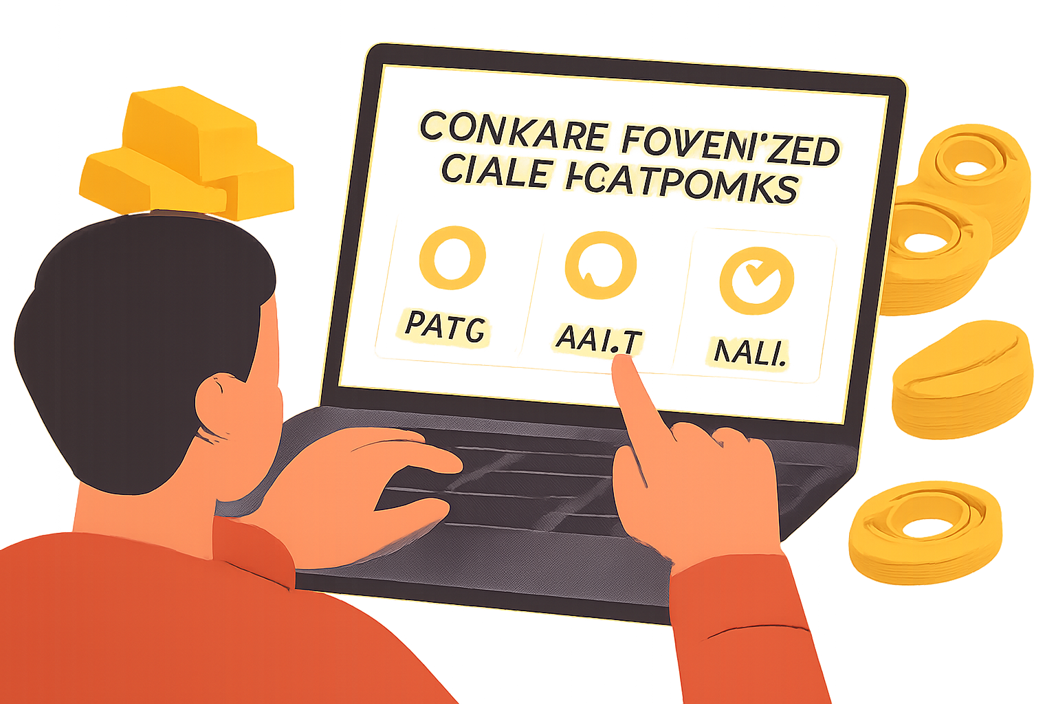 A person comparing tokenized gold platforms on a laptop, showing logos of PAXG, XAUT, and KAU, with gold bars and digital tokens in the background