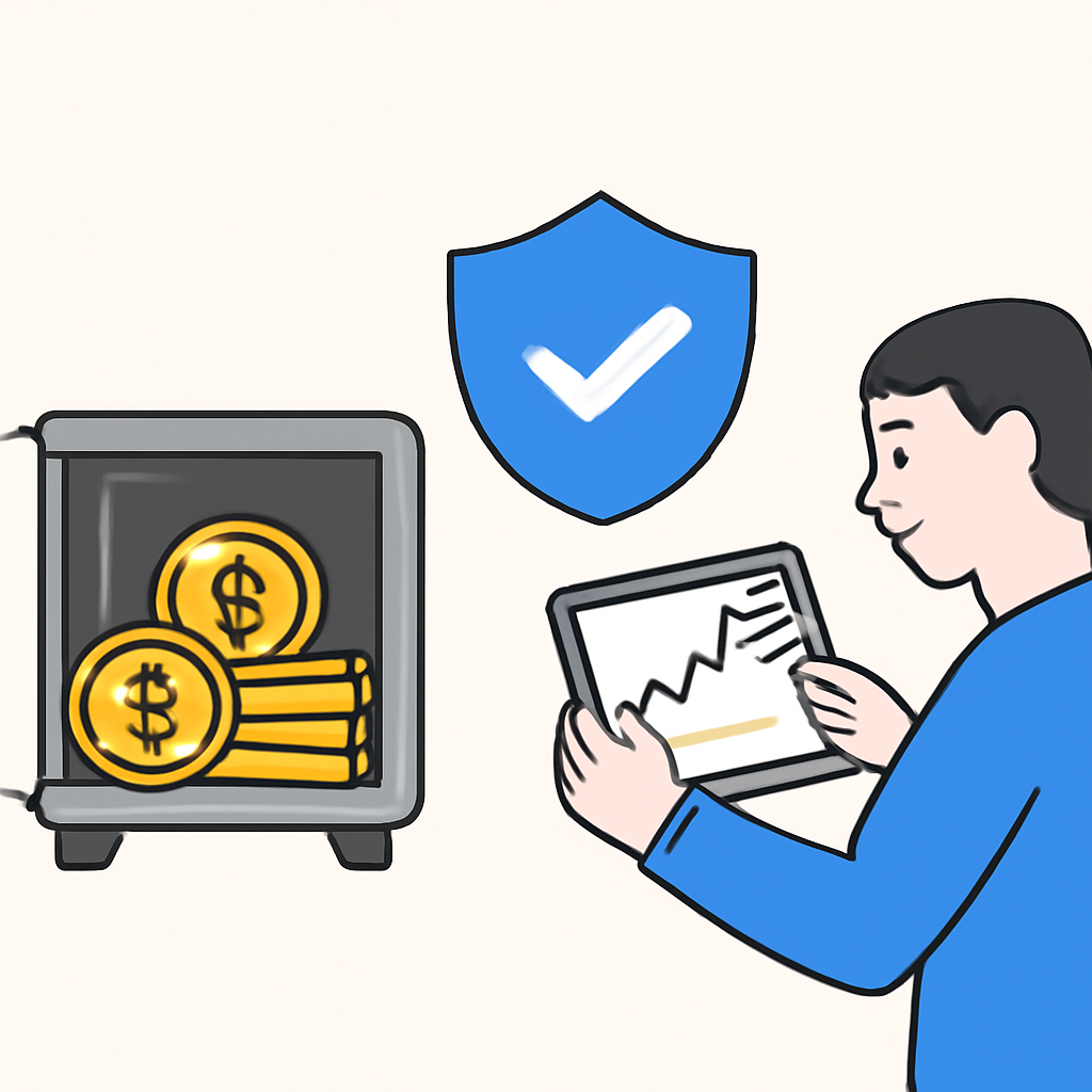 A digital vault with gold tokens inside, shield icon representing security, and a user checking prices on a tablet