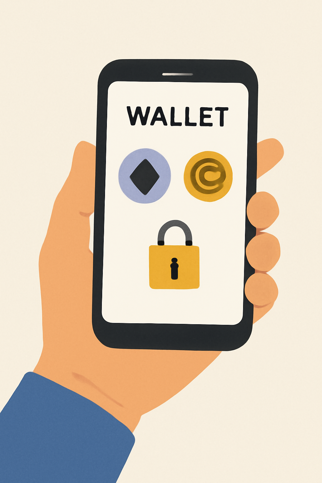 A hand holding a smartphone displaying a digital wallet app with Ethereum and gold token icons, secure lock symbol visible