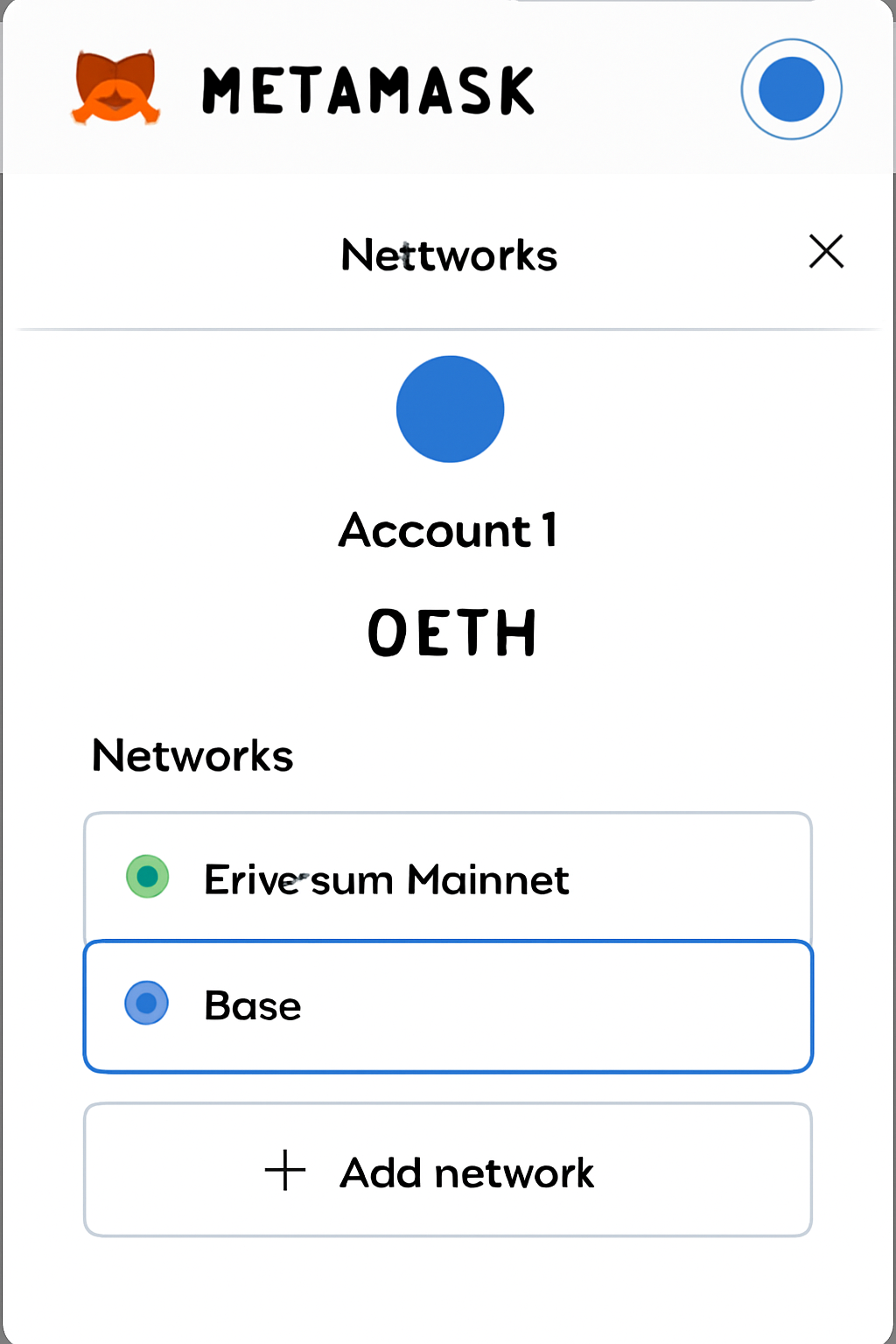 MetaMask wallet interface with network settings open, highlighting the addition of a new network called 'Base'.