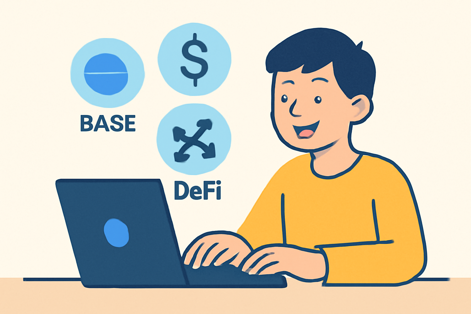 A cheerful user exploring DeFi apps on a laptop, with Base and DeFi icons visible.