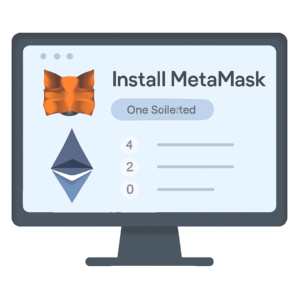 A computer screen showing MetaMask wallet installation and setup, with Ethereum logo and a user-friendly interface.