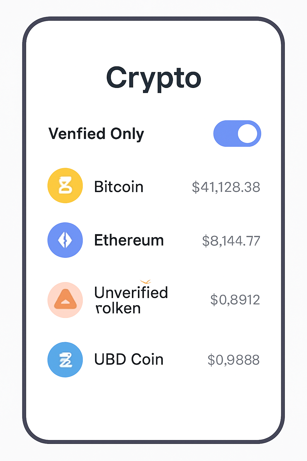 A crypto app screen with a toggle switch labeled 'Verified Only' turned on, and a warning icon next to unverified tokens.