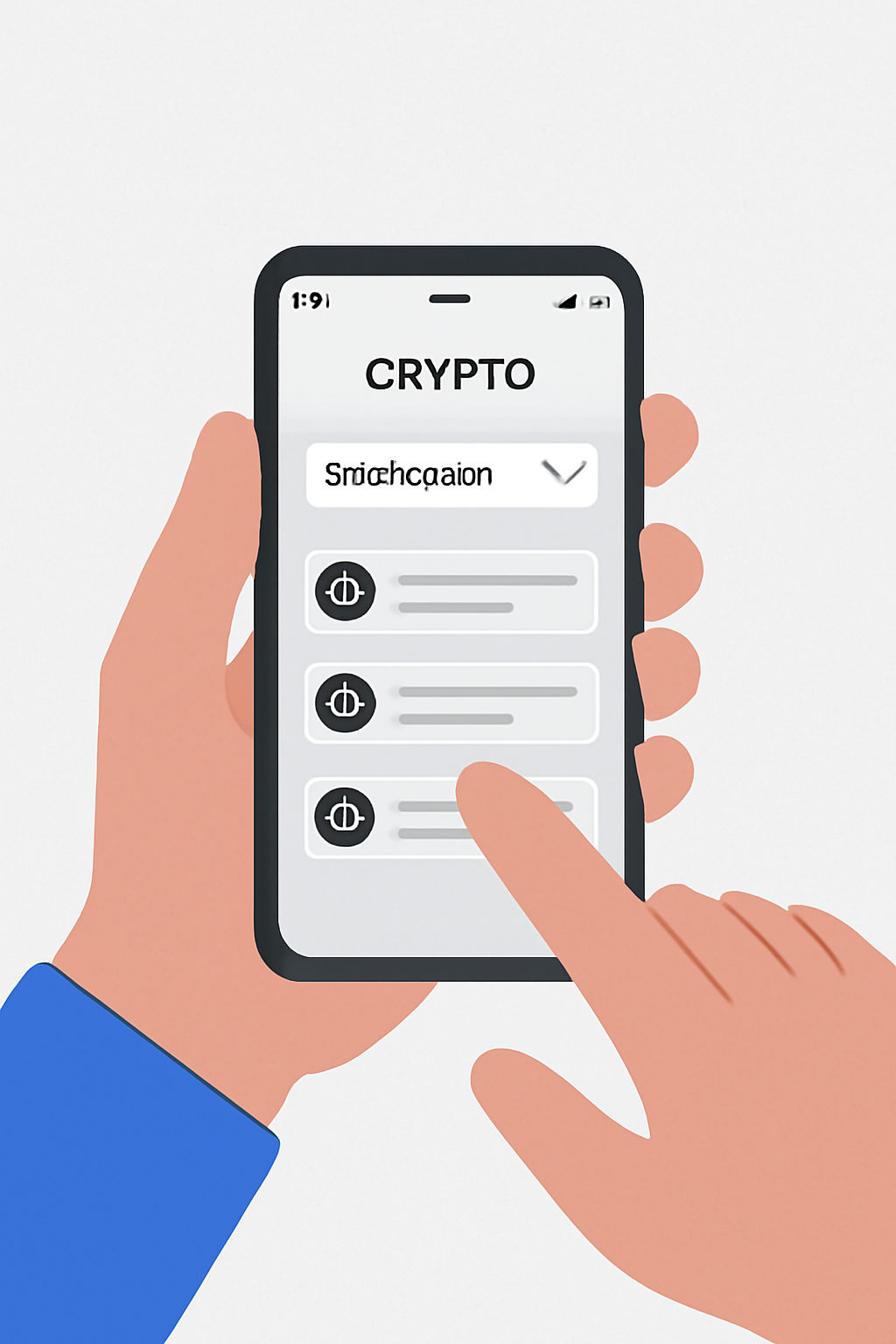A user opening a crypto app on a smartphone, navigating to a 'Coin Search' section, with a sleek, modern interface.