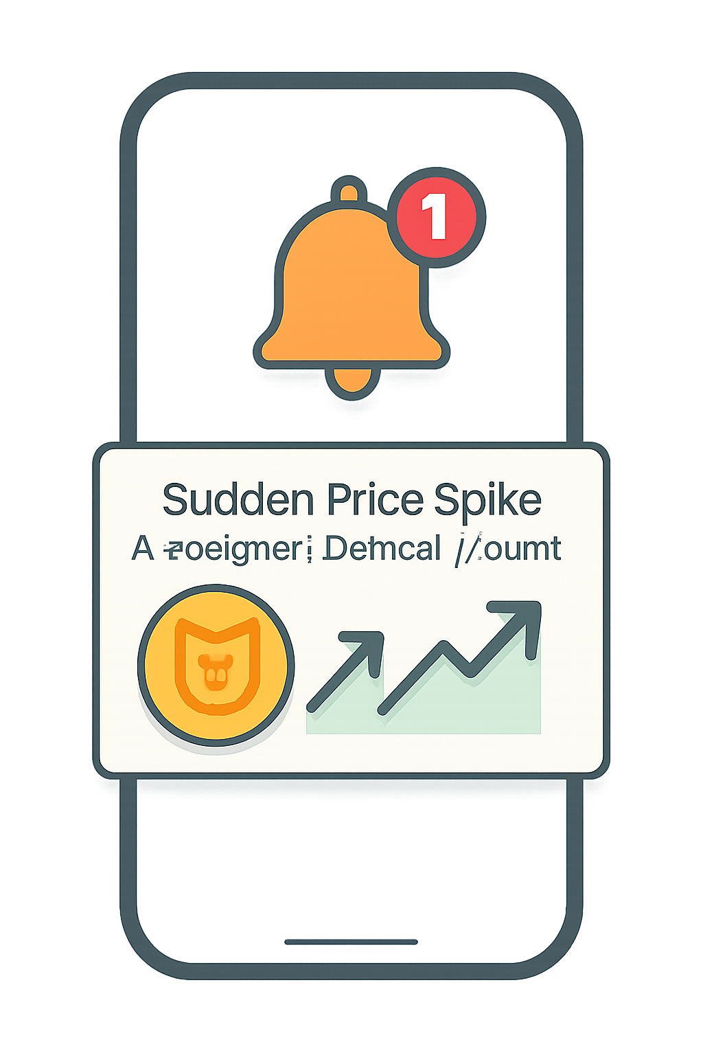 A notification bell icon with a pop-up alert about a sudden price spike on a memecoin, on a mobile screen.