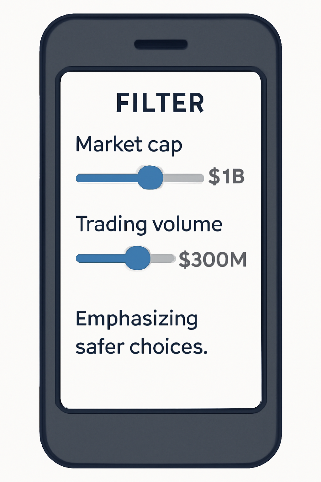 A mobile screen with sliders set to filter out coins below a certain market cap and trading volume, emphasizing safer choices.